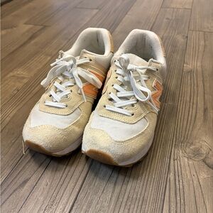 NEW BALANCE 574 Beige and White Sneakers with Orange Accents